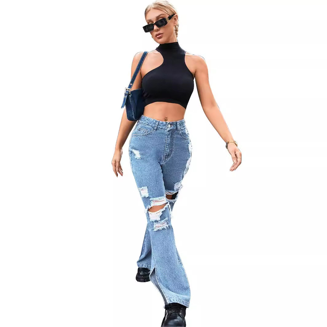 Casual Womens Ripped Denim Jeans Stylish Versatile Streetwear Perfect for Everyday Wear Wholesale Available