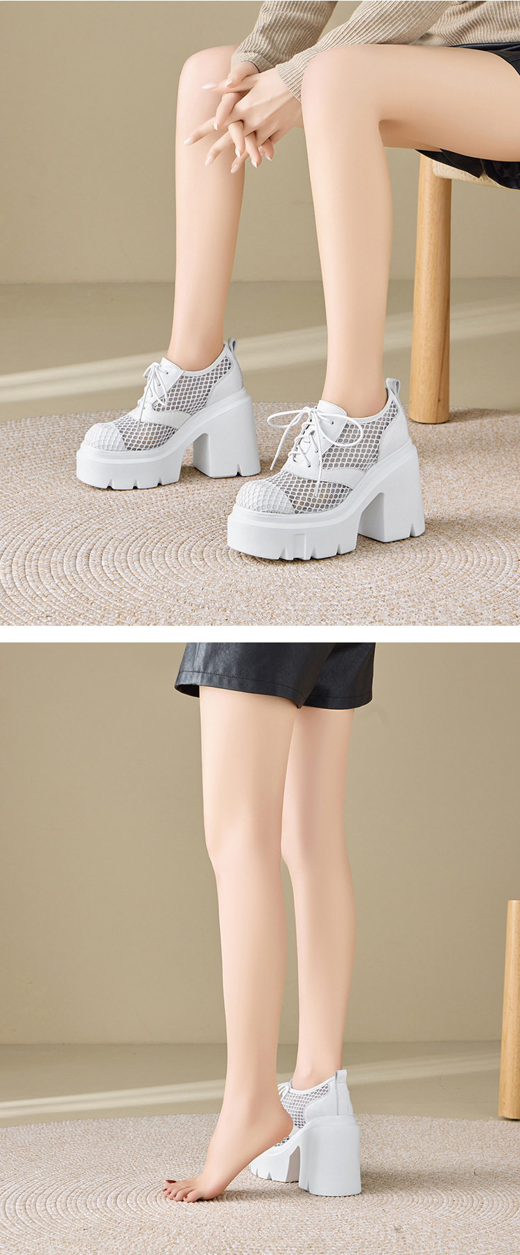 Giày cao gót nữ đế xuồng platform dây buộc hở mũi, gót 12 cm, phong cách thể thao — [Đen], [Trắng] chi tiết 4