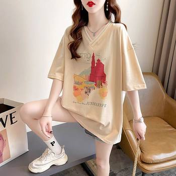 Women's Cotton Short-sleeved T-shirt Women's Summer plus size Loose chubby girl Mid-length Slim-fit Summer Dress Pregnant Women's V-neck Top