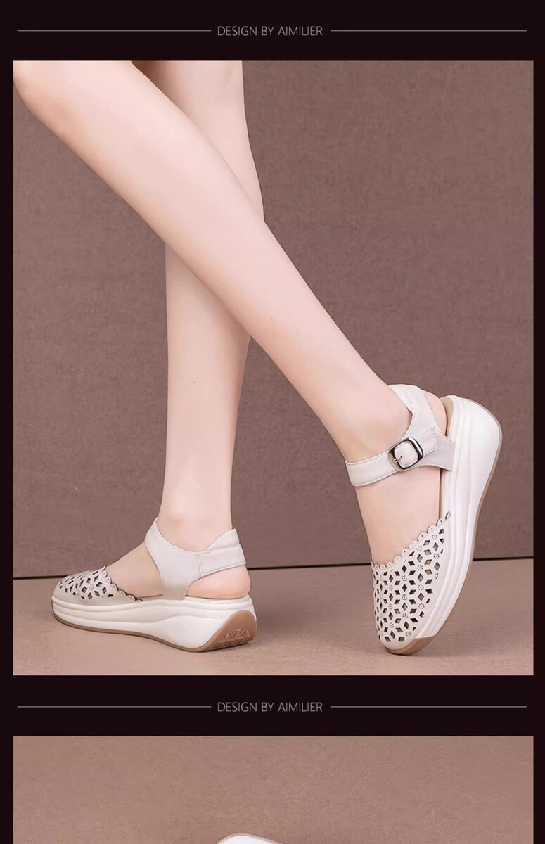 Sandal nữ quai ngang mũi tròn đế xuồng, thiết kế khoét lỗ thoáng mát, phối màu trắng be thanh lịch — Màu trắng be