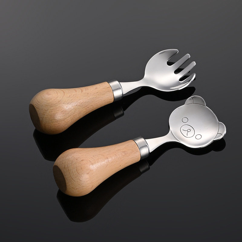 Jiasheng Wooden Handle Tableware Set 304 Stainless Steel Kidsren's Short Handle Knife, Fork and Spoon Can Stand Bear Training Food Spoon