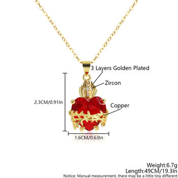 European and American Red Heart-Shaped Zircon Cross Pendant Necklace Sacred Heart Necklace Copper Gold-Plated Peach Heart Necklace Cross-Border