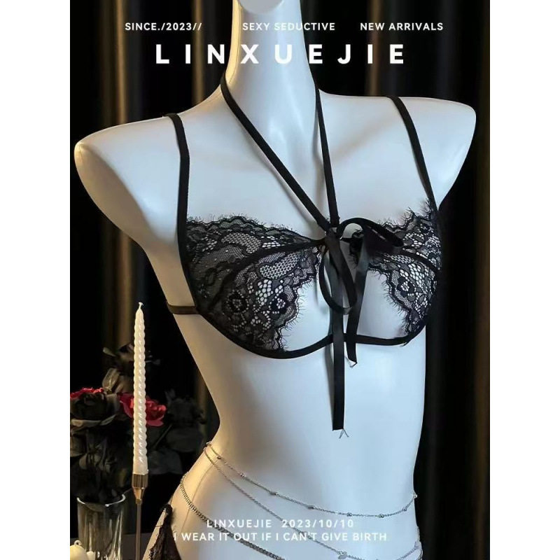 Date Secret~Lace-Up Sexy Intimates for Small Breasts/Large Breasts Without Rims Sexy Lace Temptation Bra and Panty Set