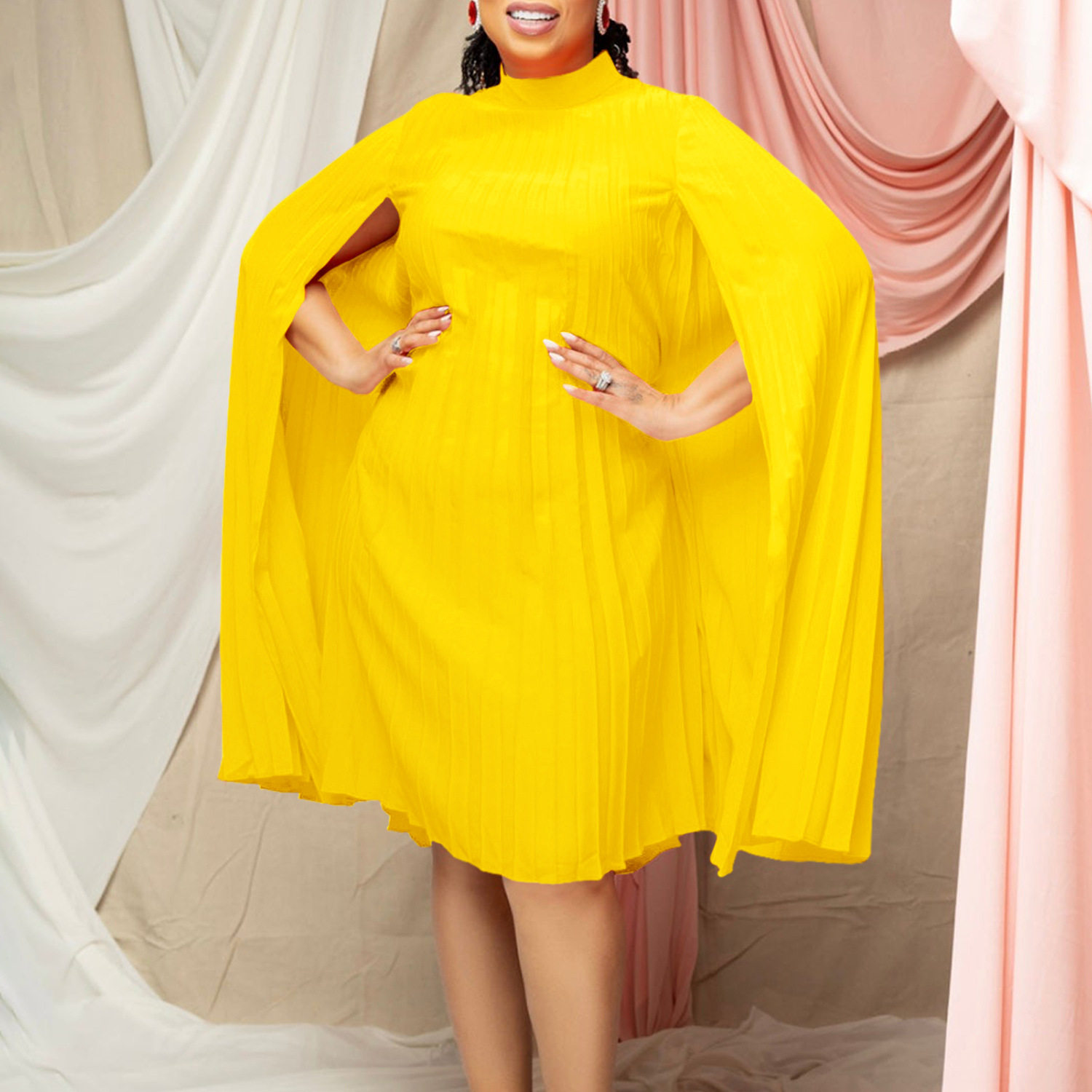 Plus Size Batwing Sleeve Dress Fashionable Loose Fit Pleated Design Elegant Style Spring Collection Wholesale
