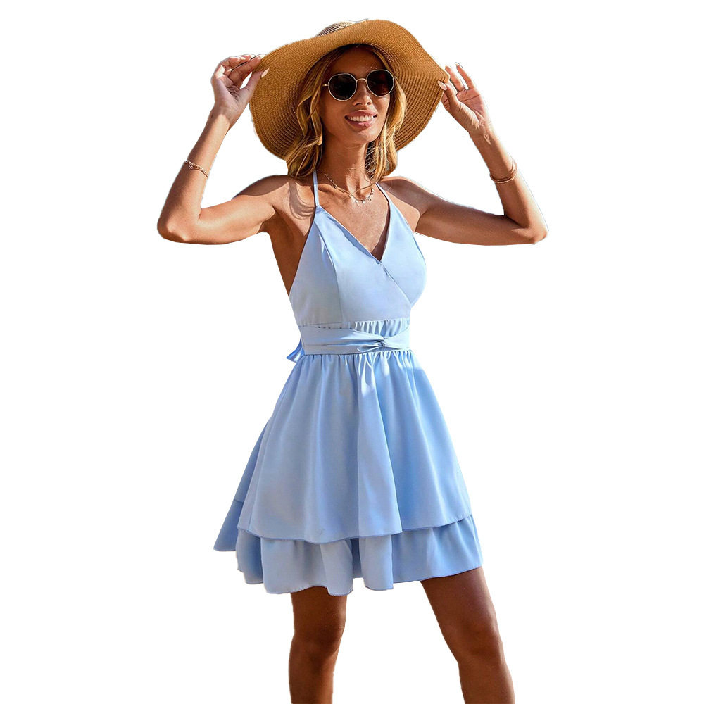 V Neck Halter Dress Slimming Waist Design Double Layer Hem Sexy Style Perfect for Parties and Night Out OEM