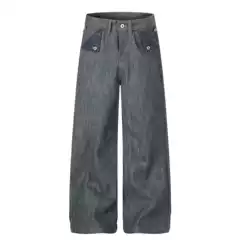 G60006 High Street American Style Unisex Trendy High-End Raw Denim Lake Green Design Men's Loose Jeans