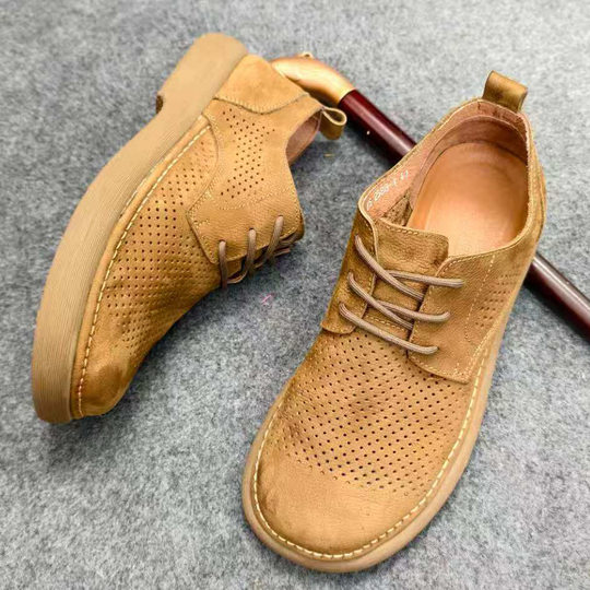 镂空真皮宽头男士男鞋透气休闲复古鞋子真皮皮鞋系带软皮软底百搭