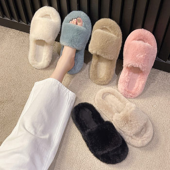 Plus Size Furry Slippers, Spring & Fall High-Bottom Winter Outer Wear, Versatile Lazy Flats-Soled Plush Flip-Flops, Home Cotton Slippers