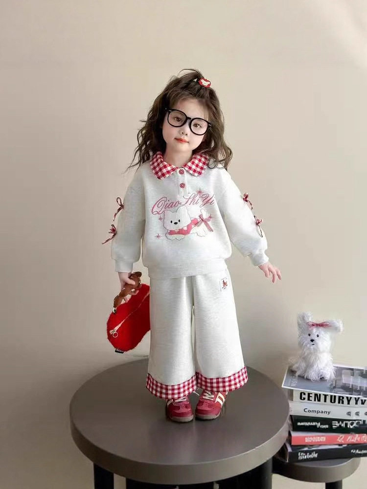 Girls' Fleece-Lined Thickened Two-Piece Set, New Stylish Design, Baby Girl Color-Block Bow Hoodie & Wide-Leg Pants