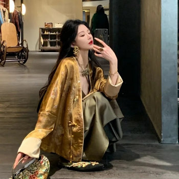 Spring New Retro Outerwear Old Money Style Tops for Women New Chinese Style National Style Acetate Bronzing Floral Jackets