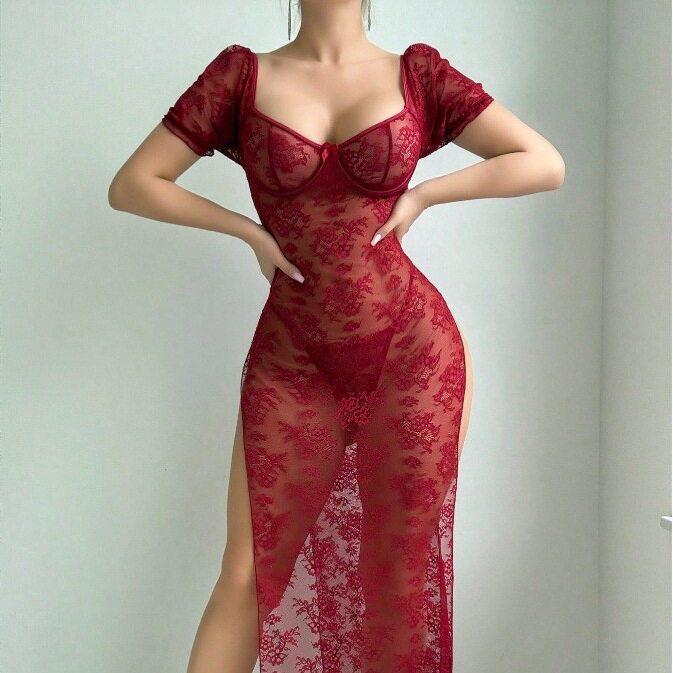 性感情趣外贸激情欧美内衣女跨境透视INS长裙蕾丝包臀连衣裙钢托