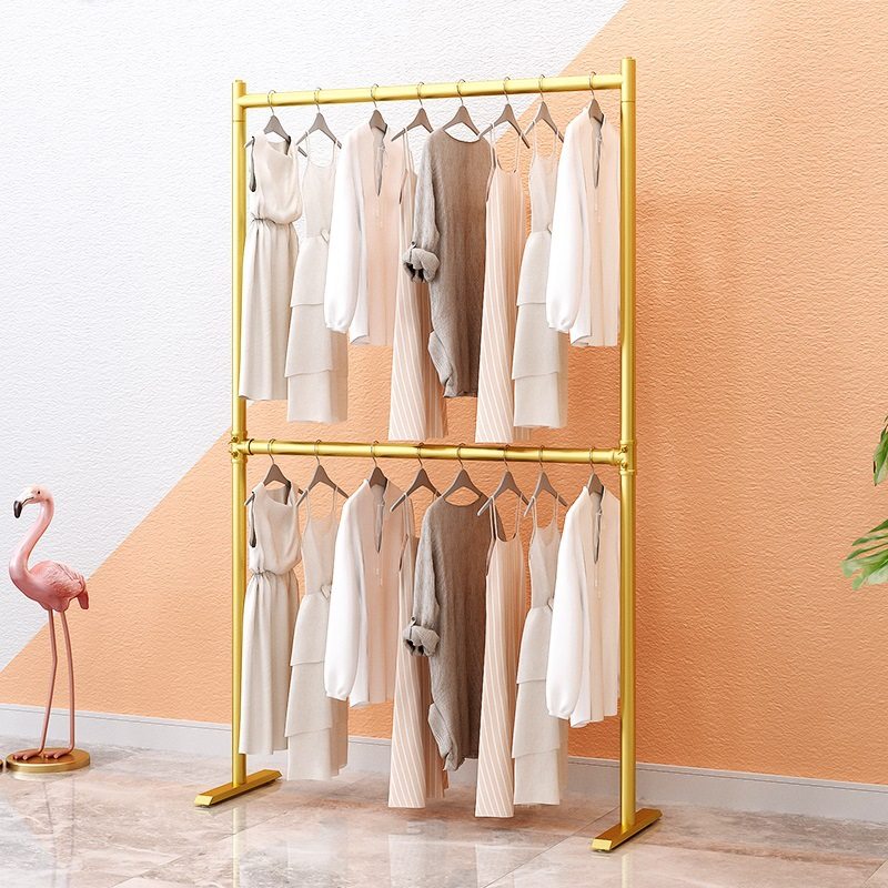 Simple Double-Layer Clothing Store Floor-Standing Clothes Rack Iron Double-Pole Folding Clothes Hanging Rod Floor-Standing Adjustable Balcony Clothes Drying Rack