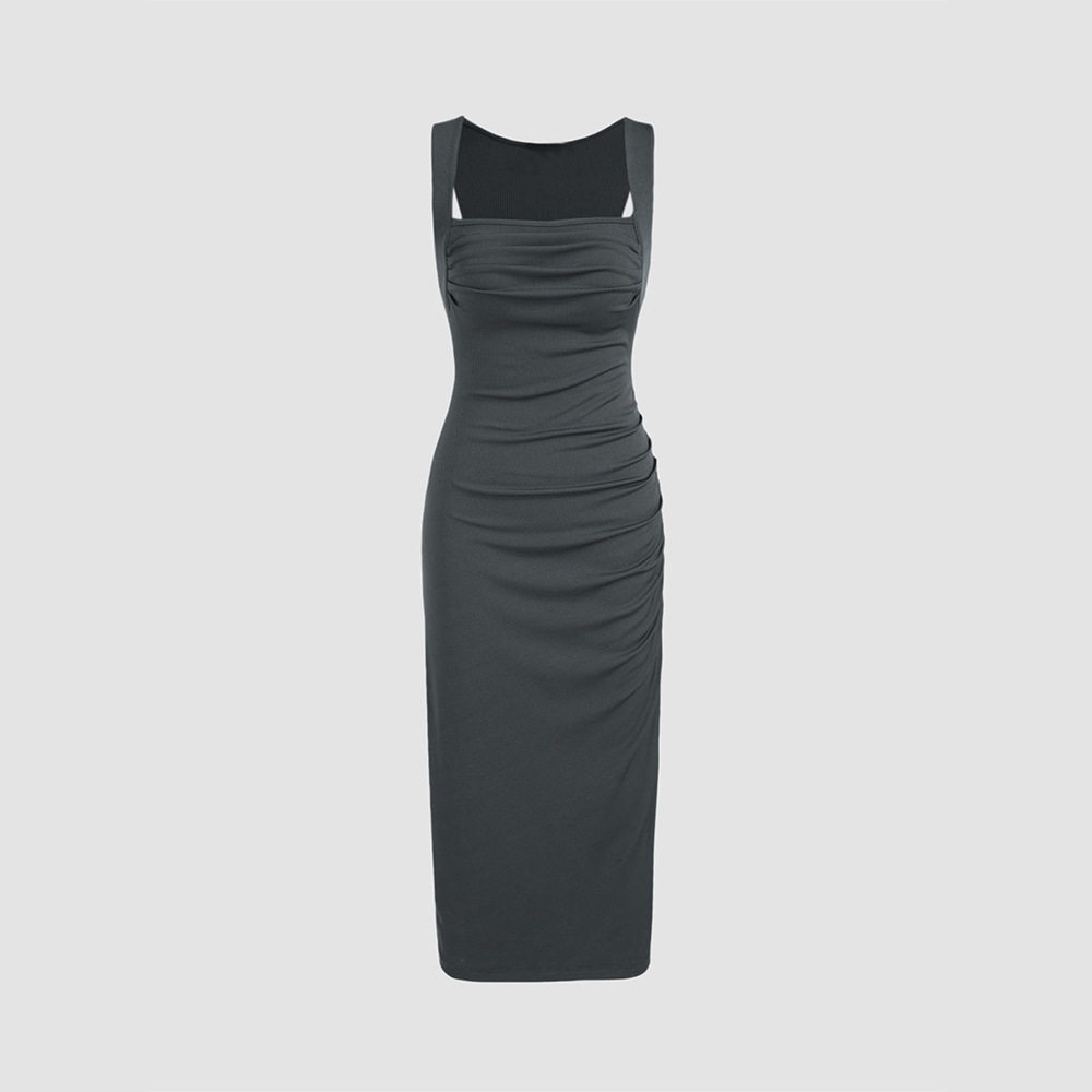 Elegant Sexy Knitted Ruched Bodycon Maxi Dress Ribbed Design Waist Cinching Slim Fit Perfect for Evening Wear