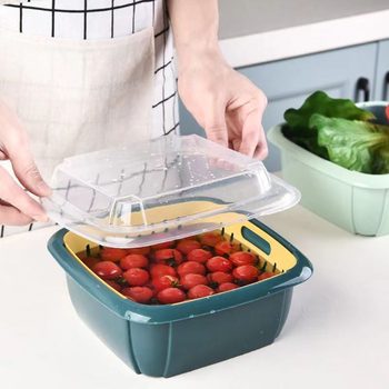 Kitchen Double-Layer Fruit and Vegetable Washing and Draining Basket with Lid, Plastic Storage Basket, Refrigerator Fresh-Keeping Fruit and Vegetable Storage