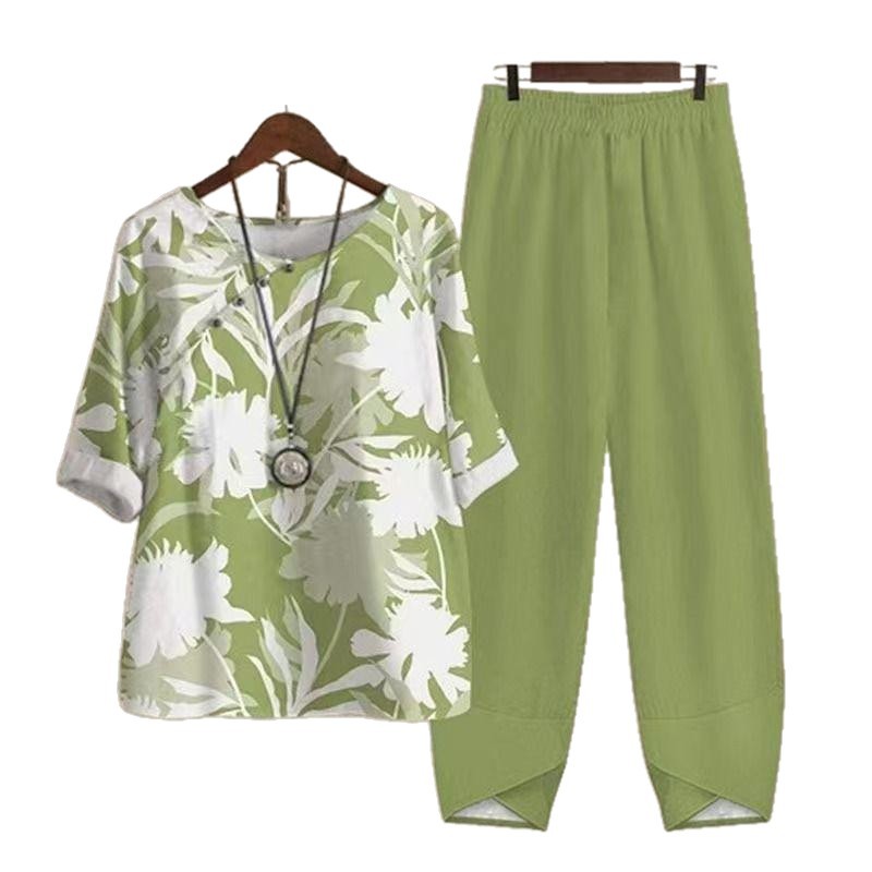 Summer Womens Casual Set Short Sleeve Round Neck Top Solid Color Pants Stylish and Comfortable for Everyday Wear
