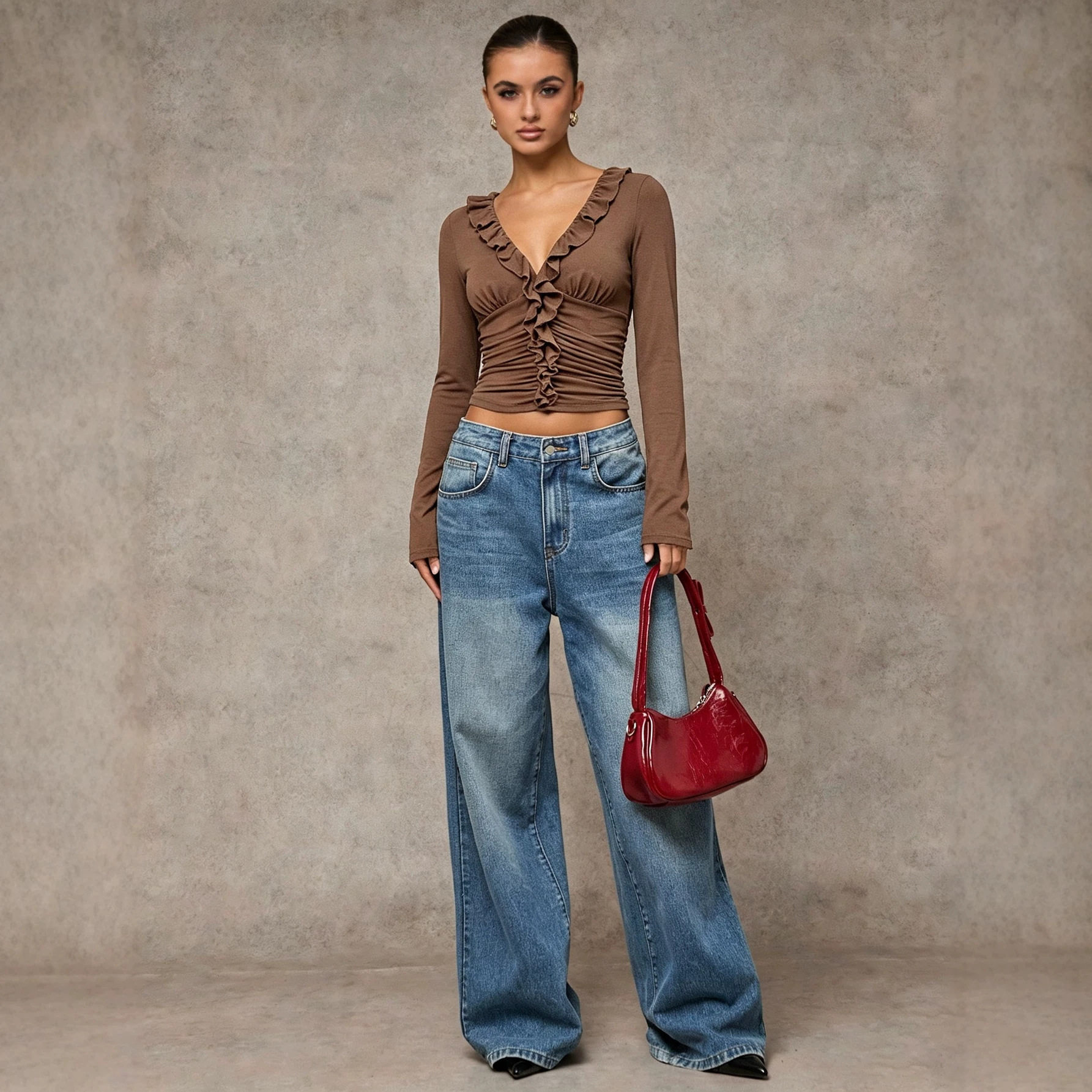 V Neck Ruffle Hem T Shirt Womens Slim Fit Long Sleeve Gathered Waist Autumn Winter Casual Top OEM Available