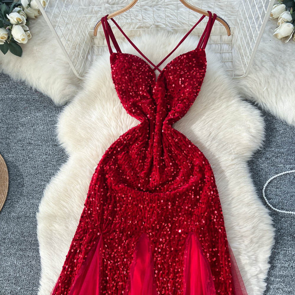 Elegant Womens Evening Dress Slimming Waist Design Sheer Mesh Sequin Velvet Spaghetti Straps Perfect for Formal
