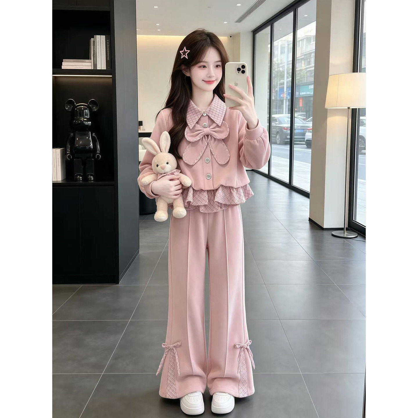 리본 프릴 블라우스 플레어 셋업 전체 컷