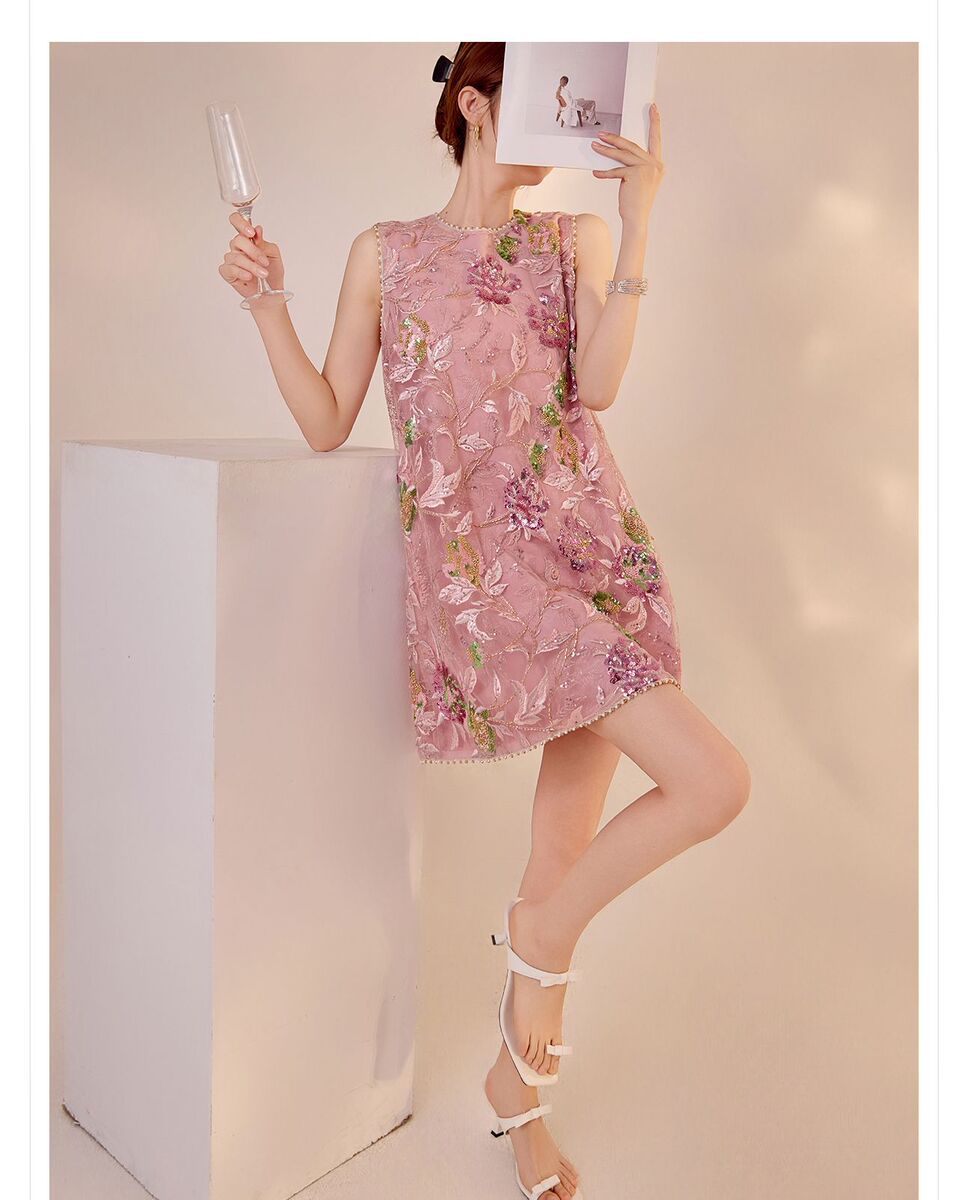 Đầm liền thêu cao cấp không tay dáng chữ A phối sequin lấp lánh — Bột Begonia (giao hàng trong 7 ngày), Bột Begonia (phát hành trong cùng ngày)