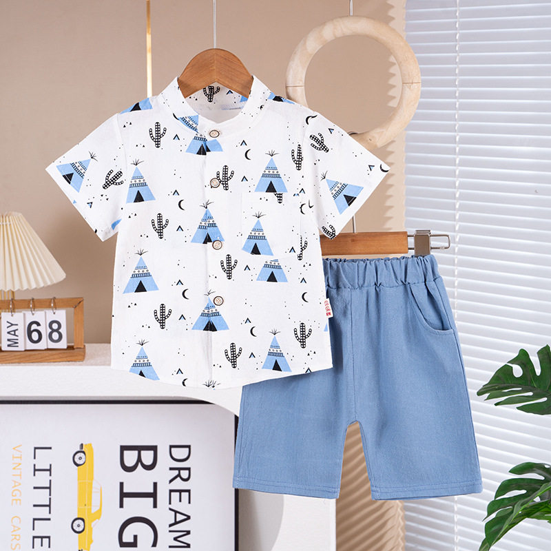 Children's suit with all-print tent, summer suit, fashionable two-piece suit, puff sleeves, trendy cartoon