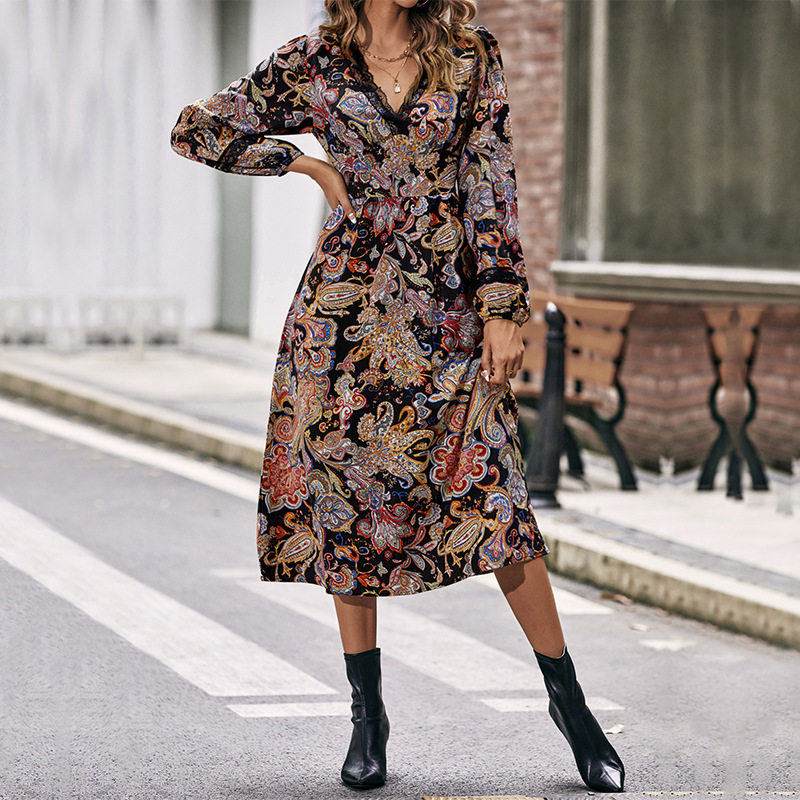 V Neck Floral Long Sleeve Dress Elegant Design European and American Style Perfect for Casual or Formal Occasions