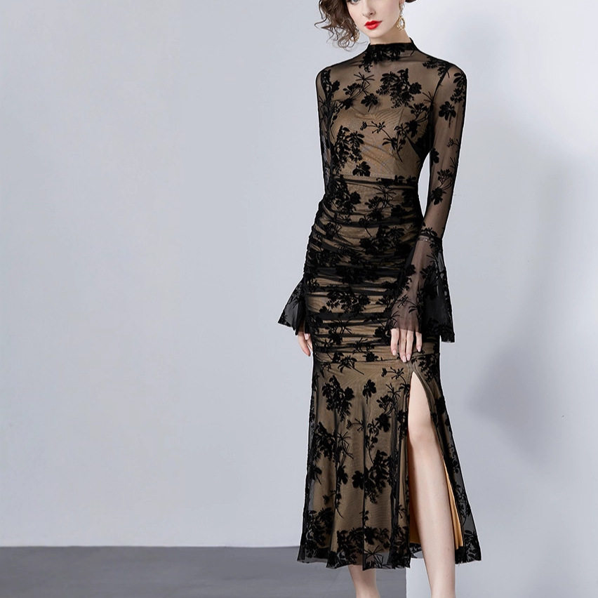 Vintage Floral Print Bodycon Mermaid Dress Sheer Mesh Flared Sleeves Sexy Split Evening Wear Cocktail Party