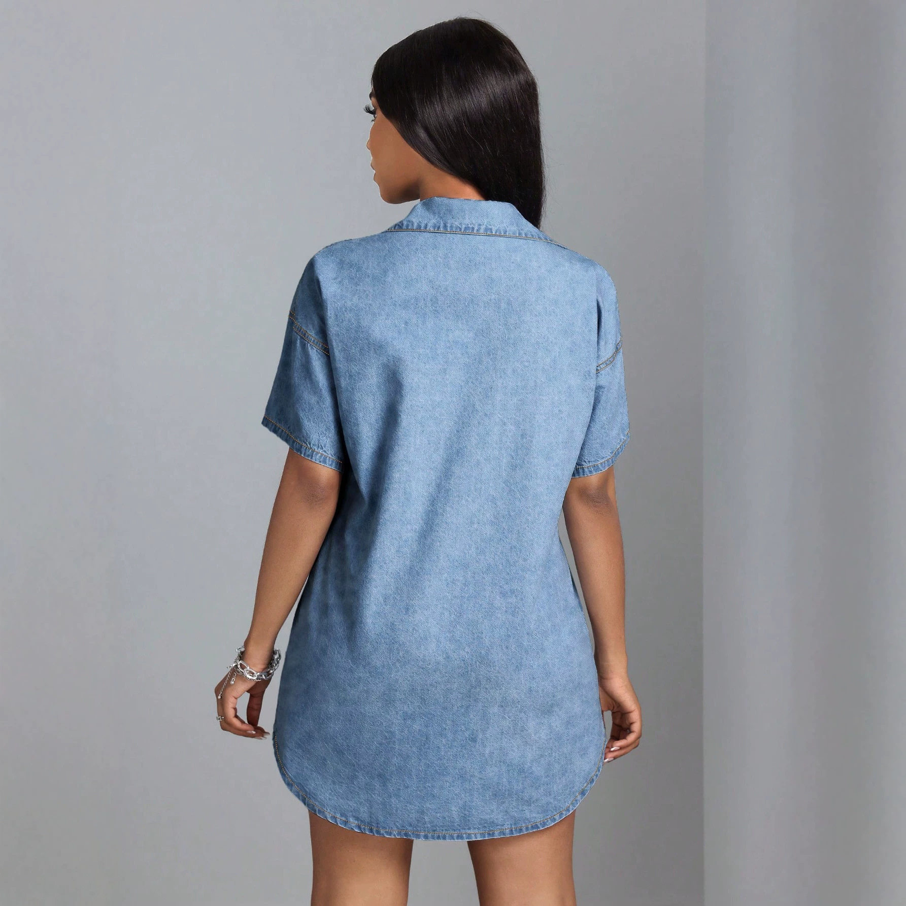 Loose Fit Denim Shirt Short Sleeve Lapel Collar Casual Style Perfect for Summer Wear Ready to Ship