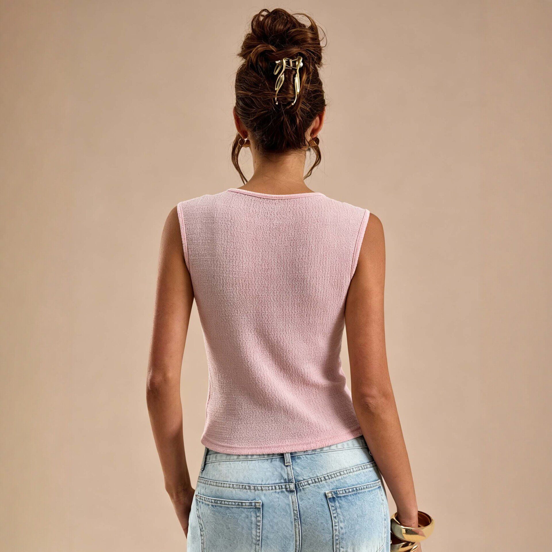 Womens Summer Sleeveless V Neck Twist Top Textured Slim Fit Elegant Style Perfect for Casual or Dressy Occasions