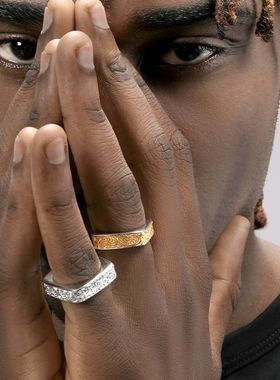 错金唐草纹S925纯银戒指男嘻哈复古小众设计情侣同款方形开口戒指