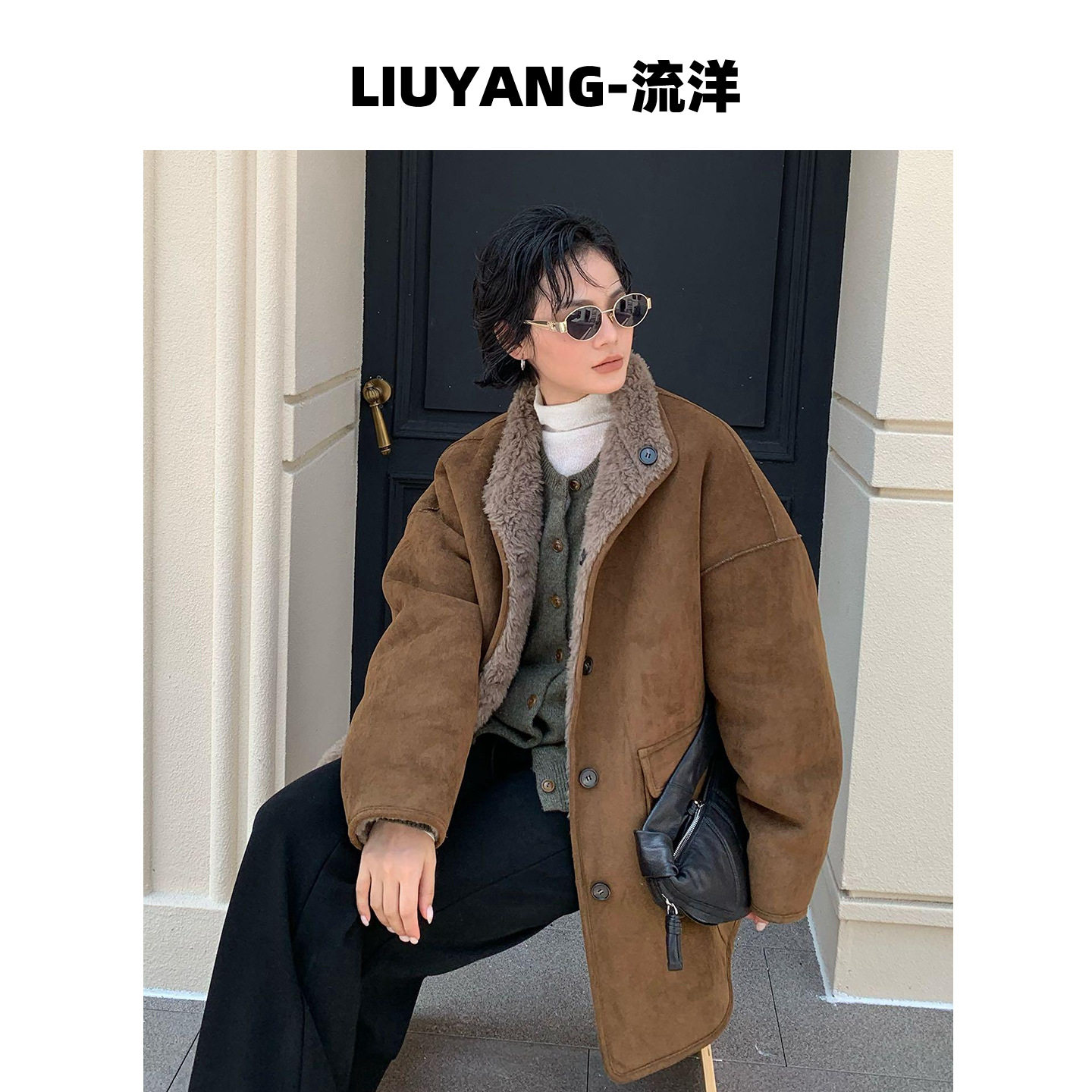 [Liuyang] Новое зимнее двустороннее шерстяное пальто средней длины с воротником-стойкой, женское свободное и универсальное L25352 Изображение 1