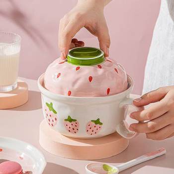 instant noodle bowl ceramic large bowl microwave oven household dormitory personal special student bowl with handle and lid rice porcelain bowl