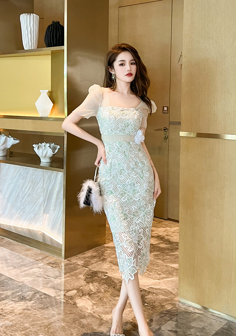 Đầm ren dài tay phong cách Pháp cổ vuông ôm sát — [Xanh lá] chi tiết 10