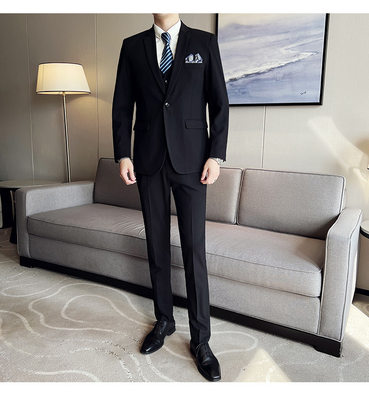 Bộ com-lê nam ba mảnh dáng ôm, áo vest một hàng khuy phong cách công sở — Màu xám (áo một nút + áo vest + quần), Màu xanh (áo một nút + áo vest + quần), Màu đen (áo một nút + áo vest + quần), Màu xanh navy (áo một nút + vest + quần)