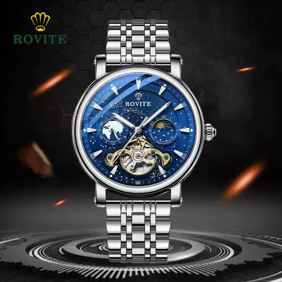 ROVITE Xinghe Lunar Hollow Mechanical Watch Waterproof Men's Watch Cross-border Explosion Tourbillon Automatic Mechanical Watch