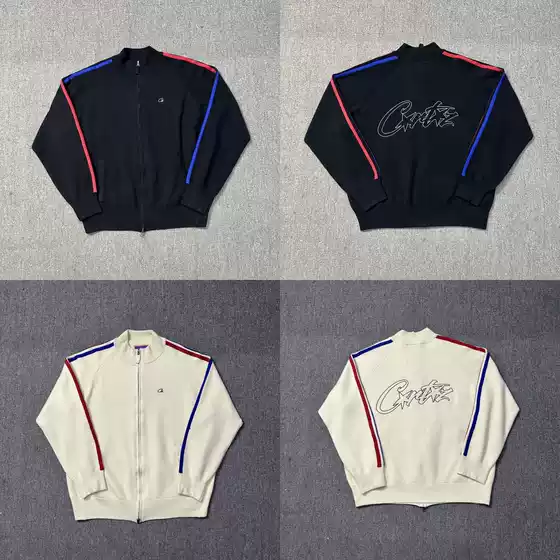 Croteiz Street Hip-Hop Embroidered Letter Stand-Up Collar Zipper Red and Blue Trim Cardigan Knit Sweater Jacket