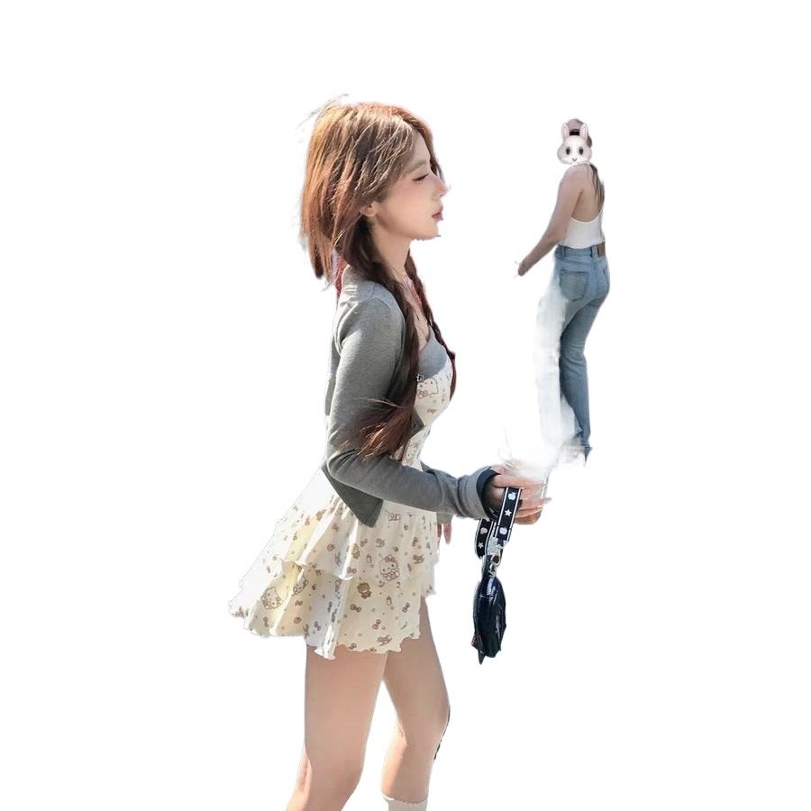 New Spring Cardigan Sweet and Spicy Floral Slim-fit Two-piece Set Slimming Gentle Elegant Pure suit Sling dress