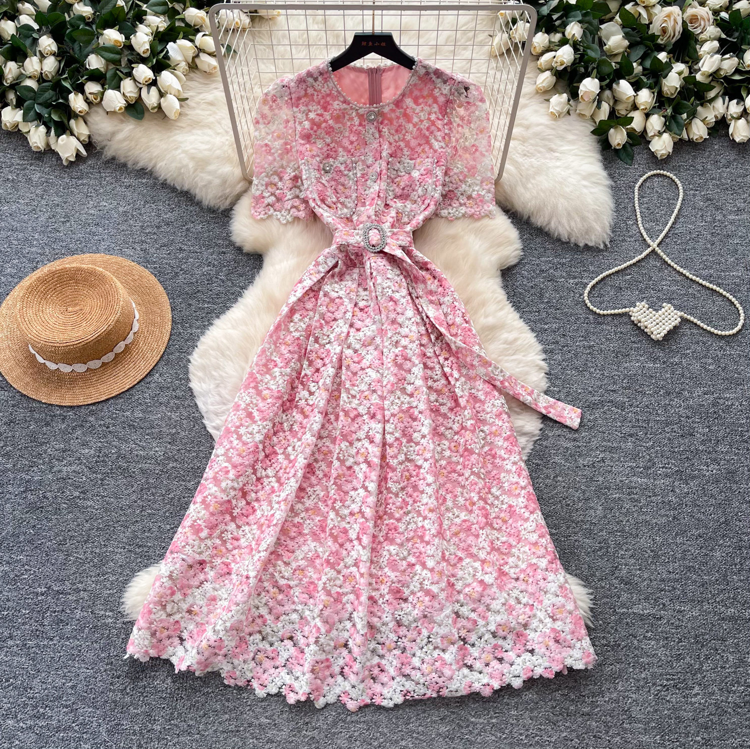 Pink Lace Hollow Out Short Sleeve Dress High Waist A Line Silhouette Elegant Summer Office Wear Wholesale Available