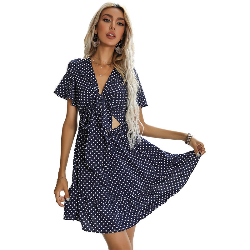 Summer Womens Dress V Neck Hollow Out Polka Dot Design Casual or Party Wear Wholesale Available