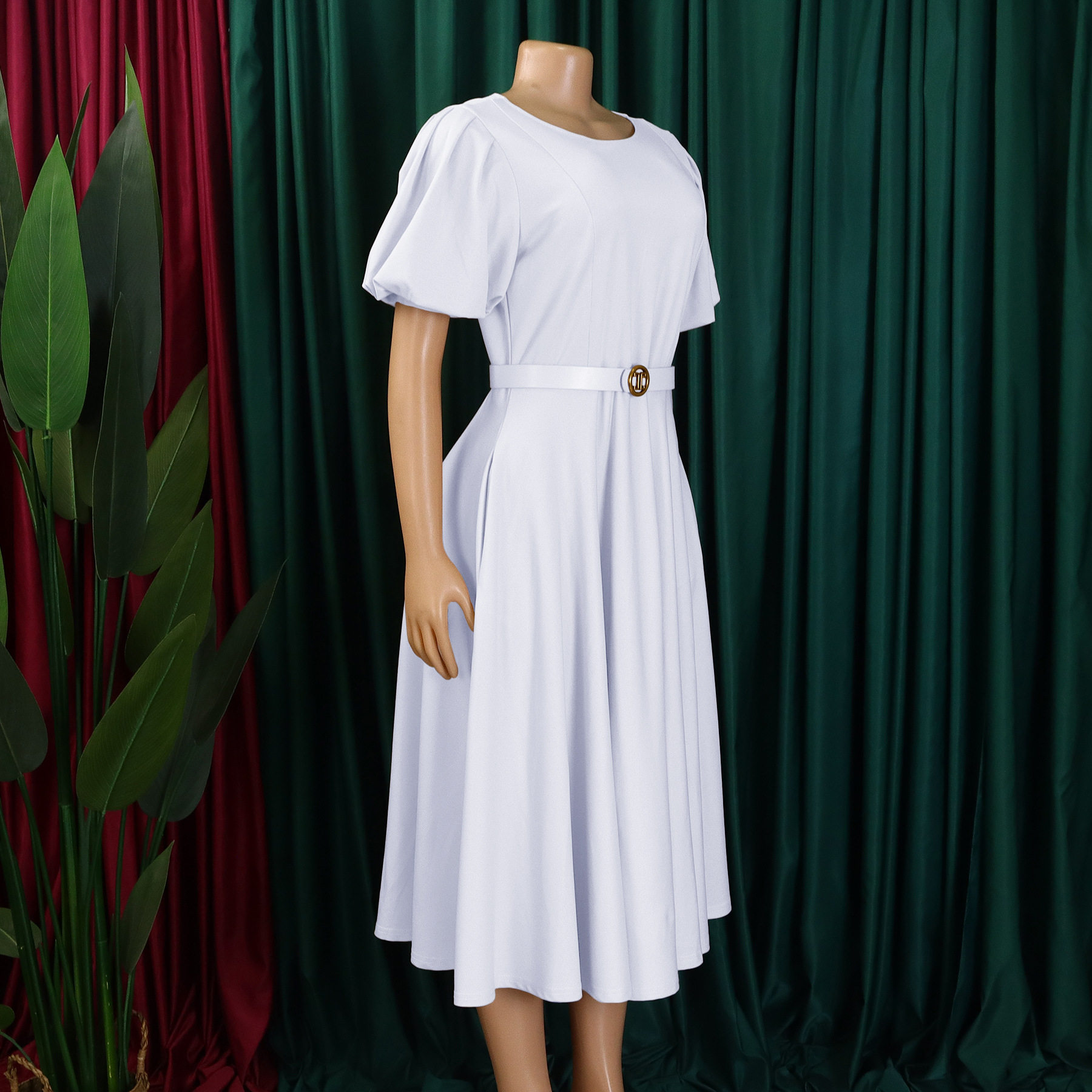 Plus Size Womens Dress Fashionable Puff Sleeve High Waist Flared Skirt Summer Occasion Wholesale Available