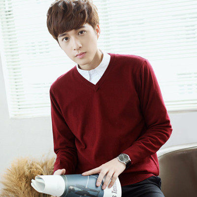 跨境新款韩版秋冬男士V领大码毛衫针织宽松纯色男毛衣打底衫