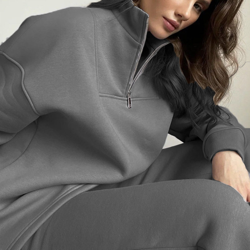 Womens Casual Solid Color Cotton Hoodie Set Zipper Fleece Lined Loose Fit Ideal for Sports and Everyday Wear