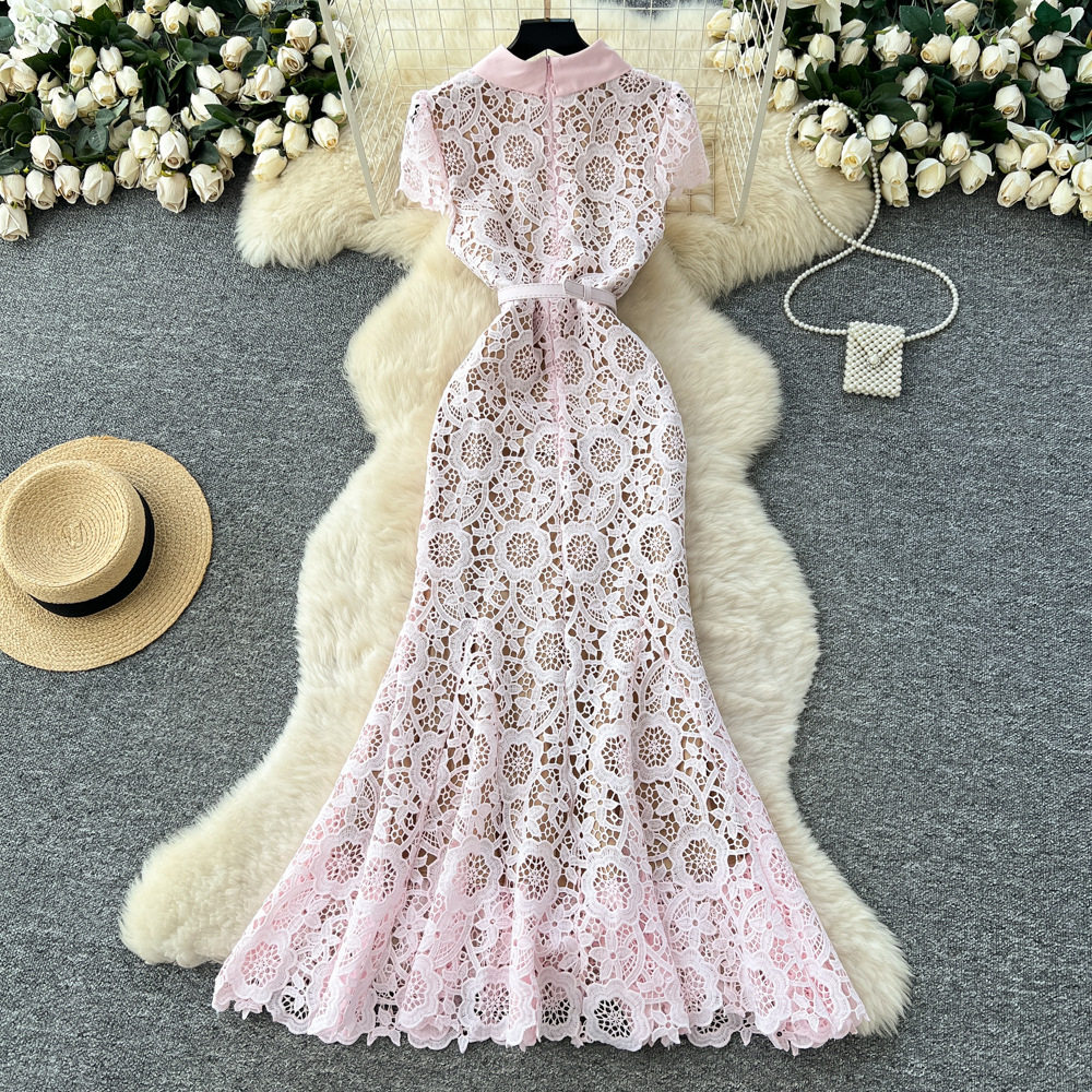 Elegant French Style Midi Dress for Women High End Hollow Lace Slim Fit Flared Hem Autumn Fashion Wholesale