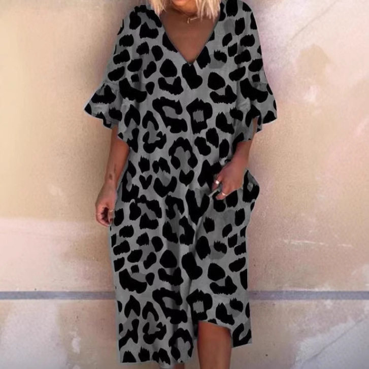 Leopard Print V Neck Ruffle Sleeve Plus Size Dress for Women Casual Summer Wear low MOQ