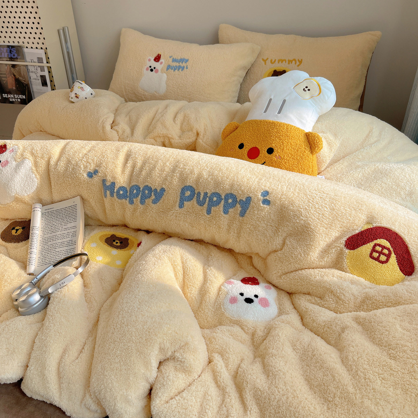 Ins Style Cartoon Cute Little Animals Thickeneded Milk Velvet Four-Piece Set Autumn and Winter Teddy Velvet Warm Student Three-Piece Set