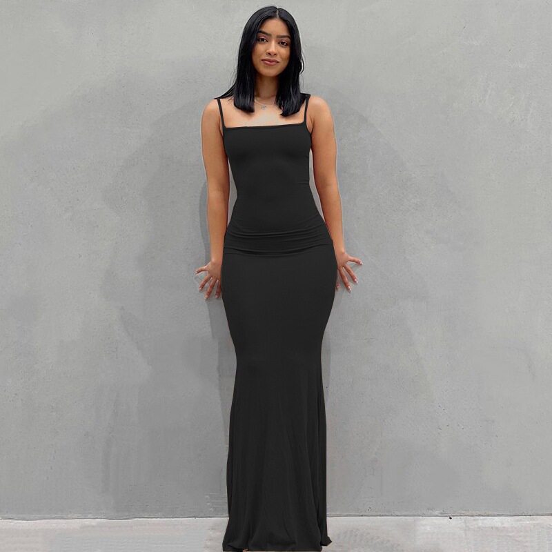 Womens Solid Color Bodycon Maxi Dress Spaghetti Straps Mermaid Hem Peach Butt Lift Elegant Evening Wear Wholesale