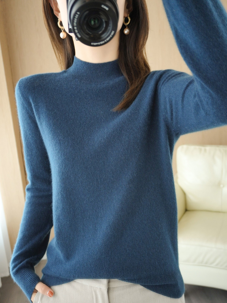 雪桐半高领针织衫长袖套头内搭打底都市女装秋冬保暖宽松毛衣纯色