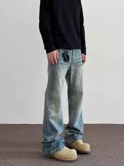 American Style High Street cleanfit Cat Whisker Bamboo Pattern Dressed Jeans Trendy Spring and Autumn Straight Micro Vibe Long Pants