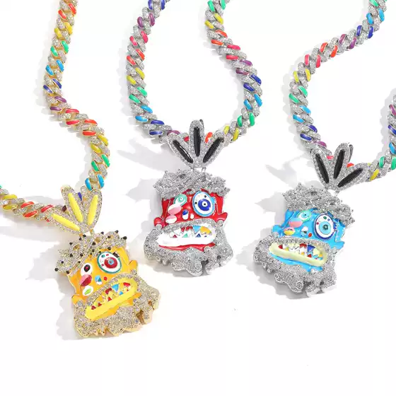 European and American hip hop cartoon avatar pendant colorful dripping oil personality creative hipster micro inlaid zircon men's hip hop necklace