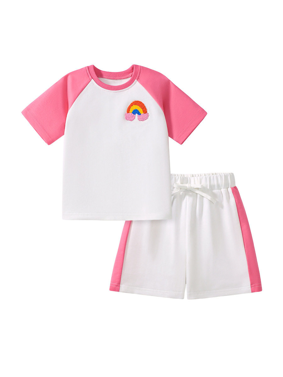 Girls' Summer Cotton Short-Sleeve Set, Stylish Towel Embroidery Kids' Outfit