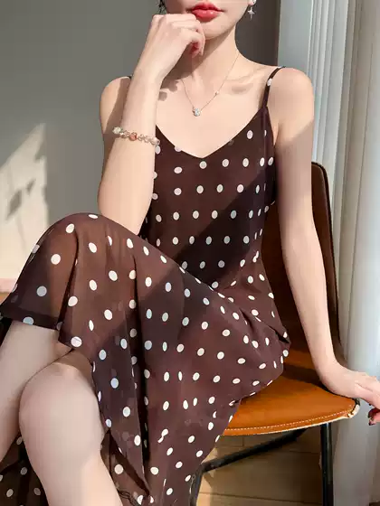 2026 Spring/Summer French Chiffon V-Neck Sleeveless High-Waist Polka Dot Maxi Slip Dress